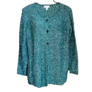 Susan Graver Cardigan Sweater Green/White QVC Size Small Chunky Soft Fuzzy Knit